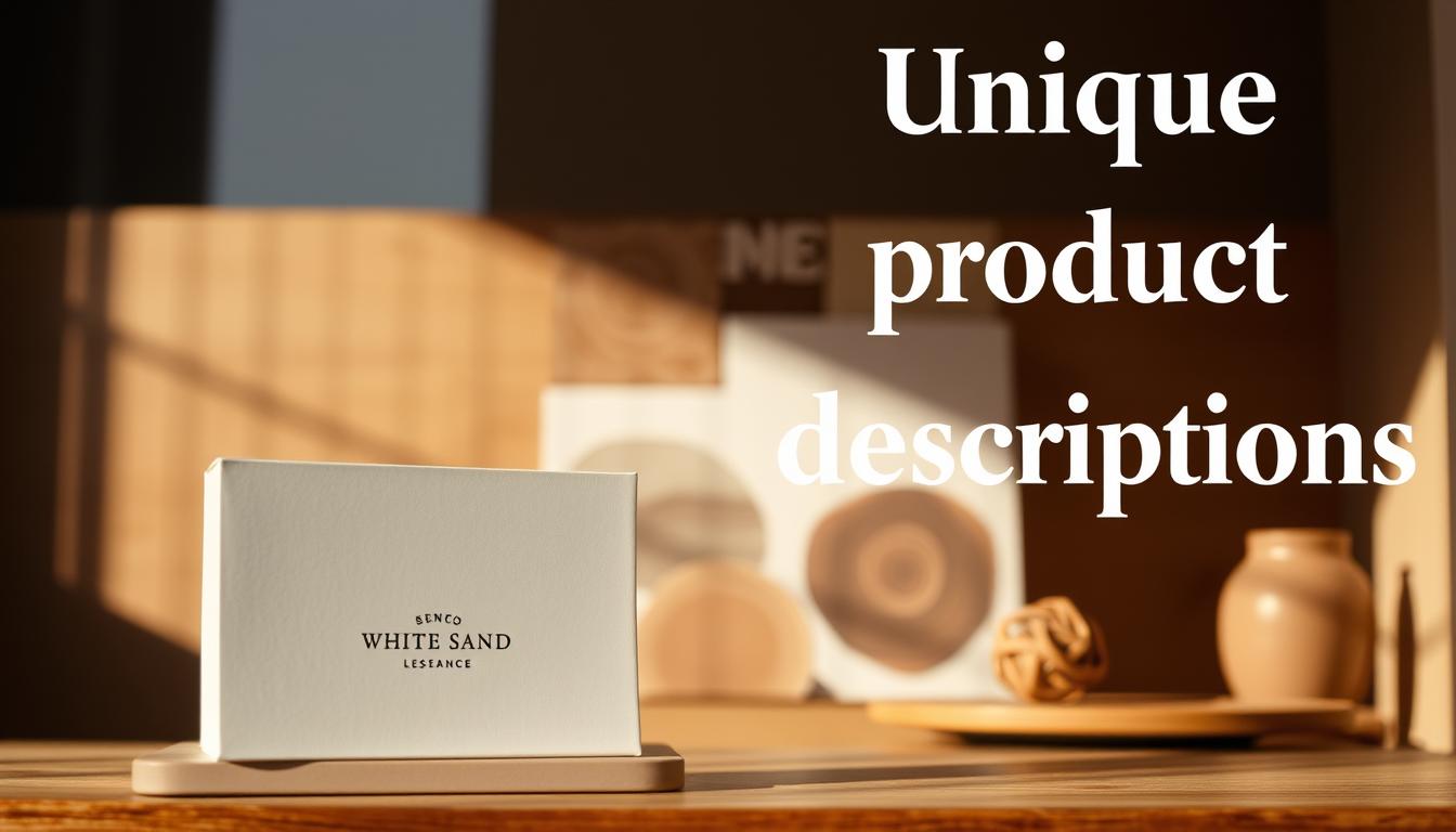 White Sand product box with sunlight on a wooden table and bold typography highlighting unique product descriptions