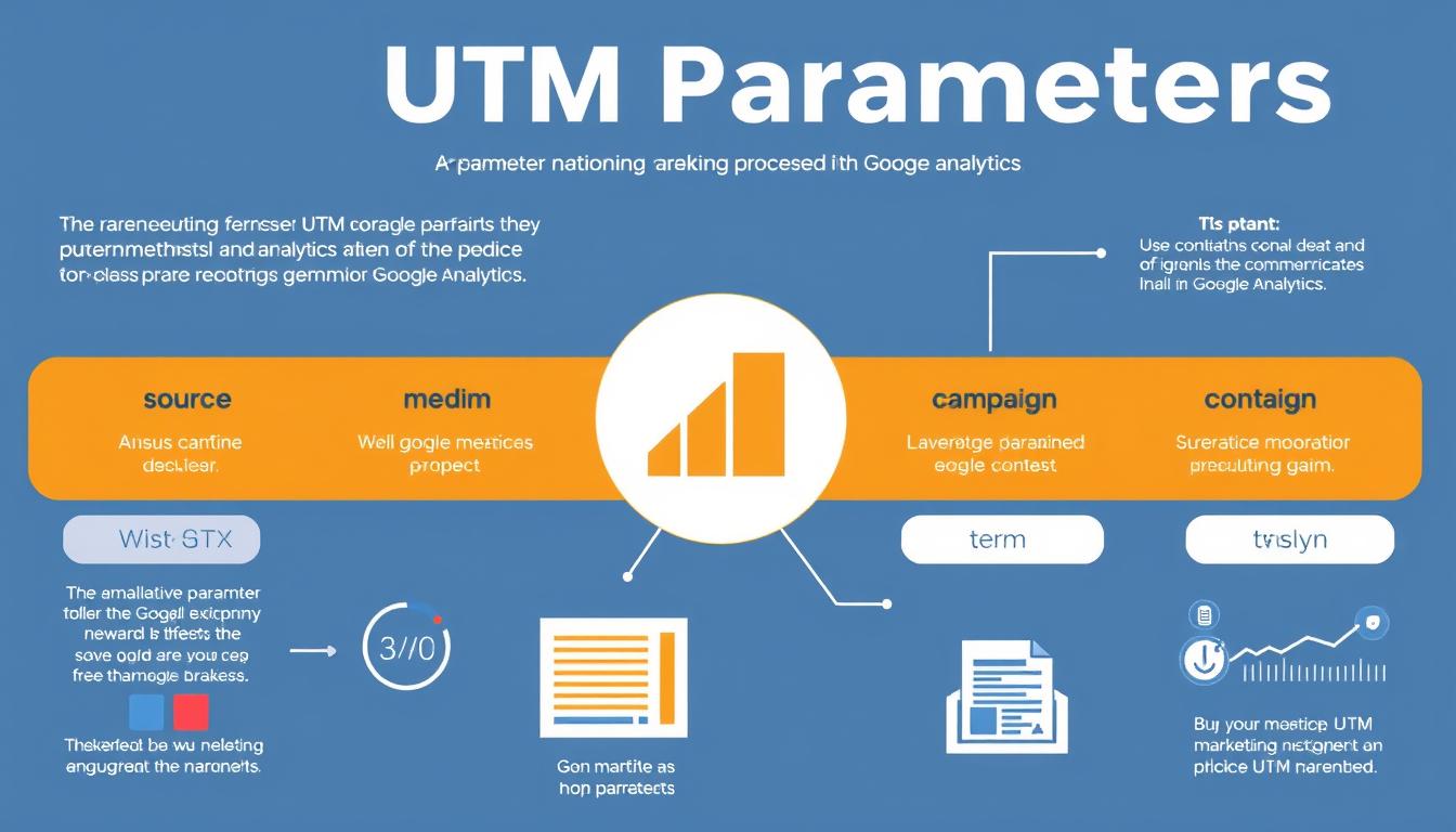 Infographic explaining UTM parameters in Google Analytics including source, medium, campaign, term, and content for tracking digital marketing performance.
