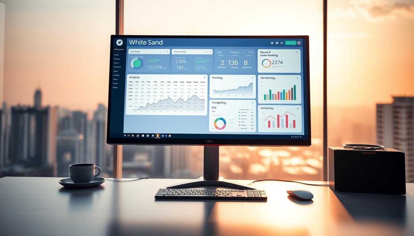 White Sand SEO dashboard displayed on a widescreen monitor in a high-rise office at sunset, showcasing keyword ranking distribution, traffic analytics, and performance metrics.