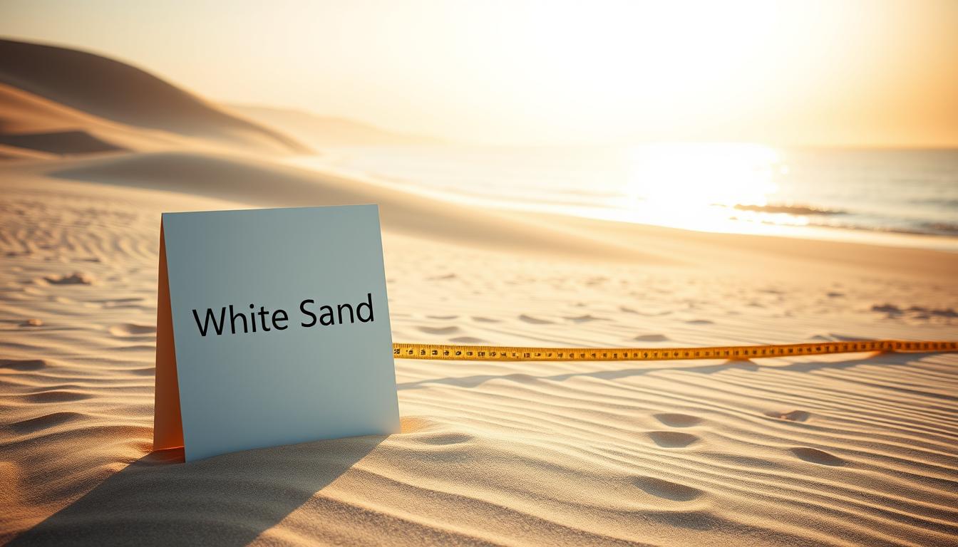 White Sand branding card placed on sand dunes near the beach during sunset with measuring tape