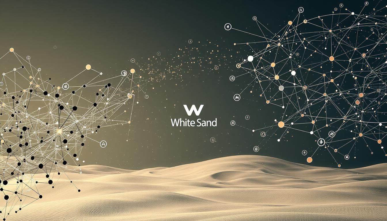 Golden sand dunes with futuristic digital data elements symbolizing flow and SEO integration at White Sand.