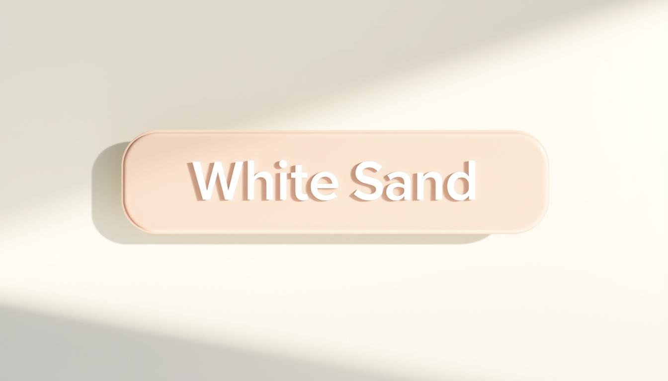 Minimalist White Sand brand logo embossed on a soft beige 3D background with elegant lighting