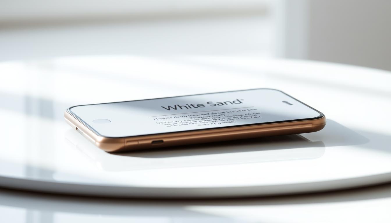 Mobile phone screen displaying the White Sand website interface on a clean white table