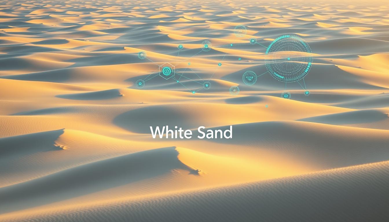 Digital network connectivity visualization set over a sand dune landscape with White Sand branding.