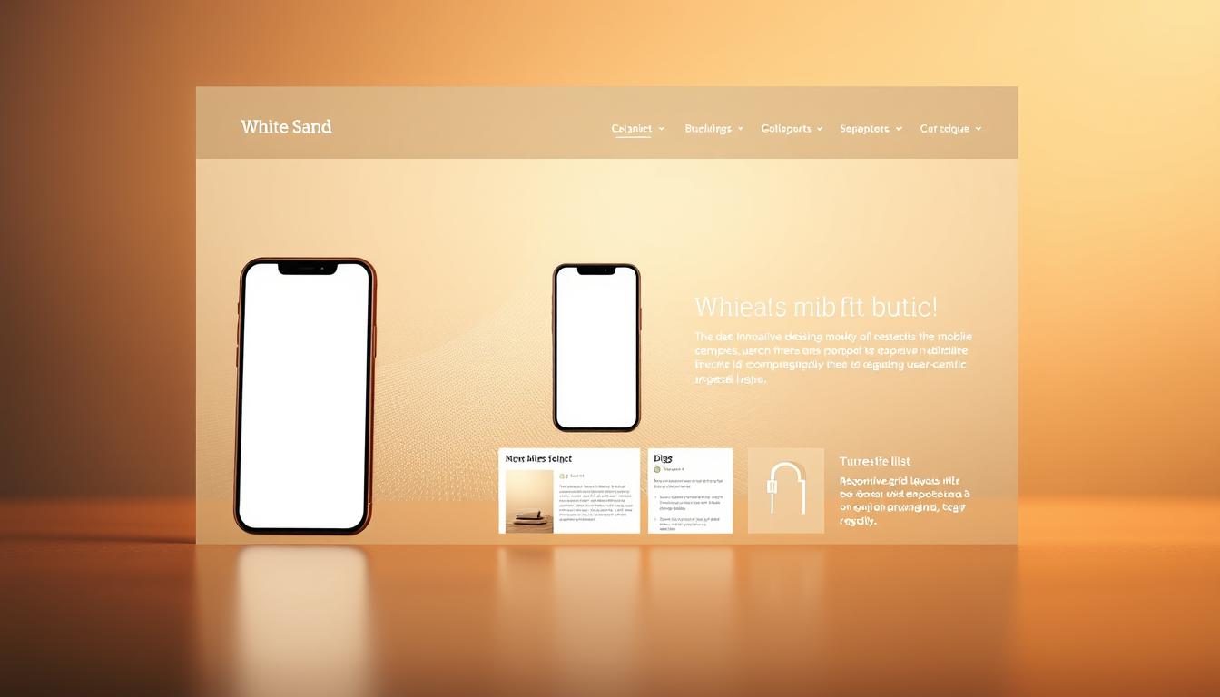 Minimalist mobile UI design displayed on glowing orange screen with mock website layout by White Sand.