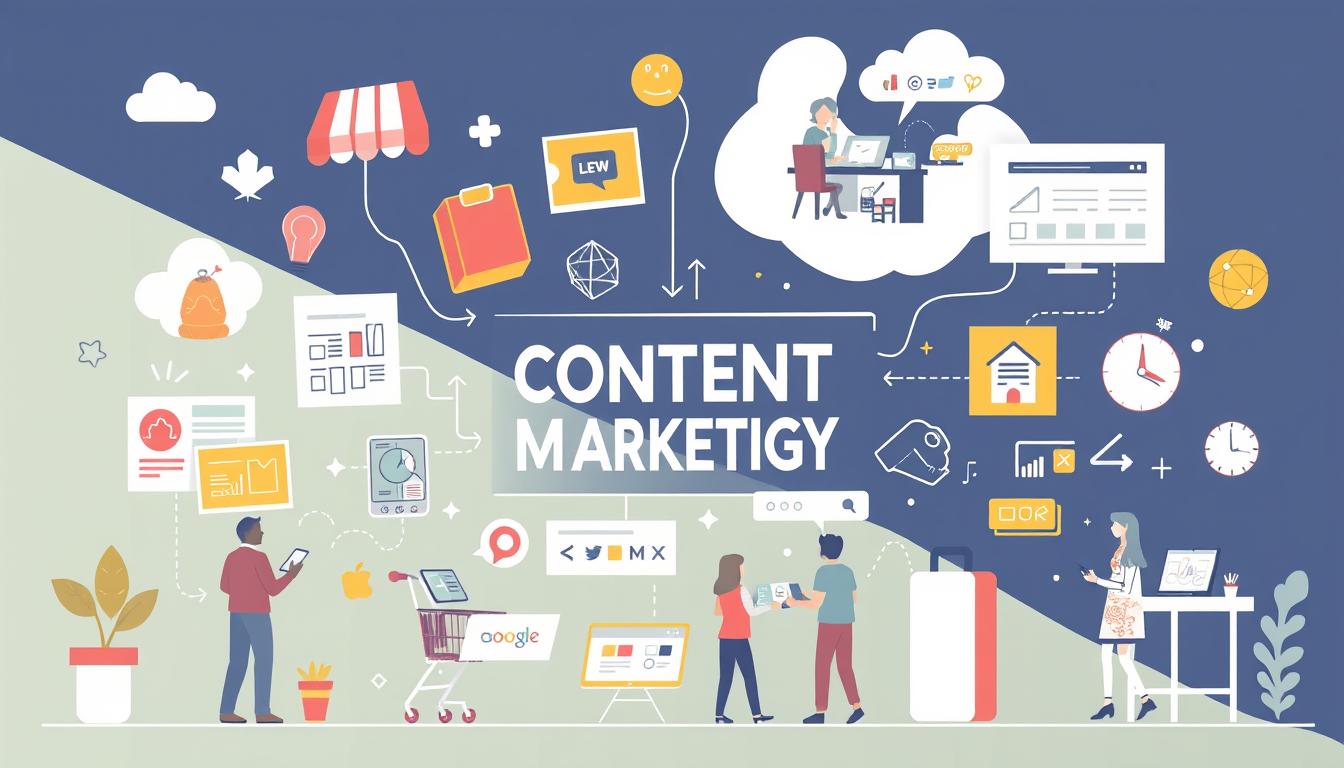 Content marketing strategy illustration with digital icons, SEO elements, and teamwork graphics