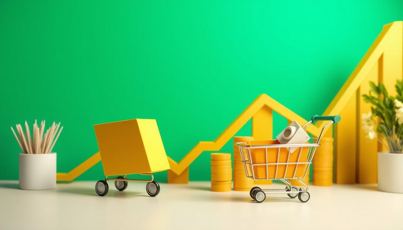 E-commerce growth concept with shopping cart, upward arrow, and SEO sales optimization graphic