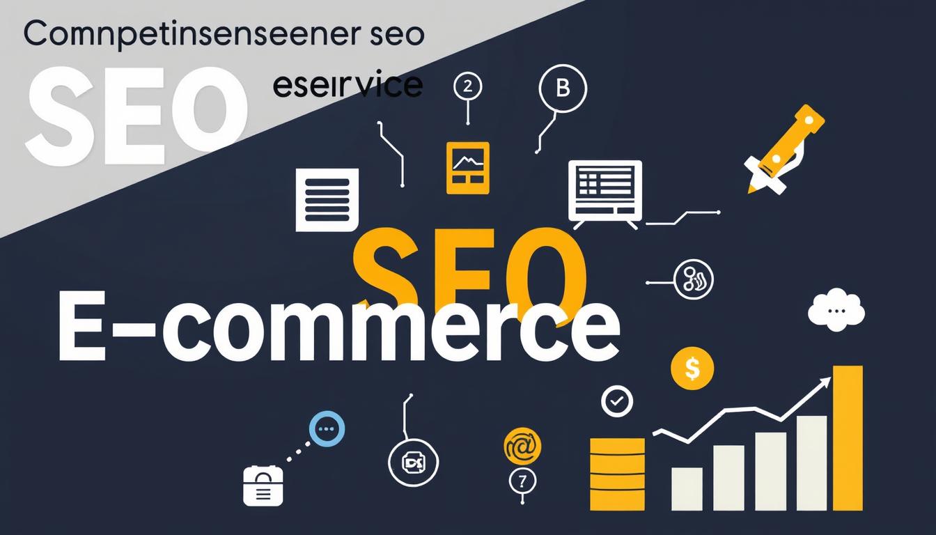 E-commerce SEO strategy infographic with charts, analytics icons, and growth elements