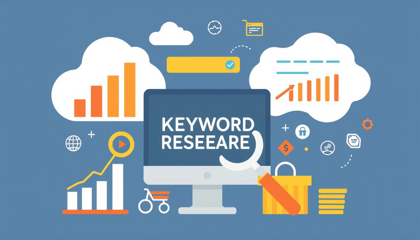 Keyword research SEO illustration with graphs, analytics, and marketing icons