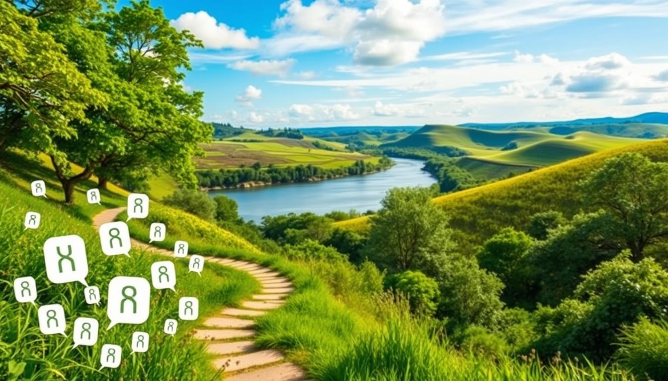SEO growth concept represented by nature landscape with icons symbolizing community and reach