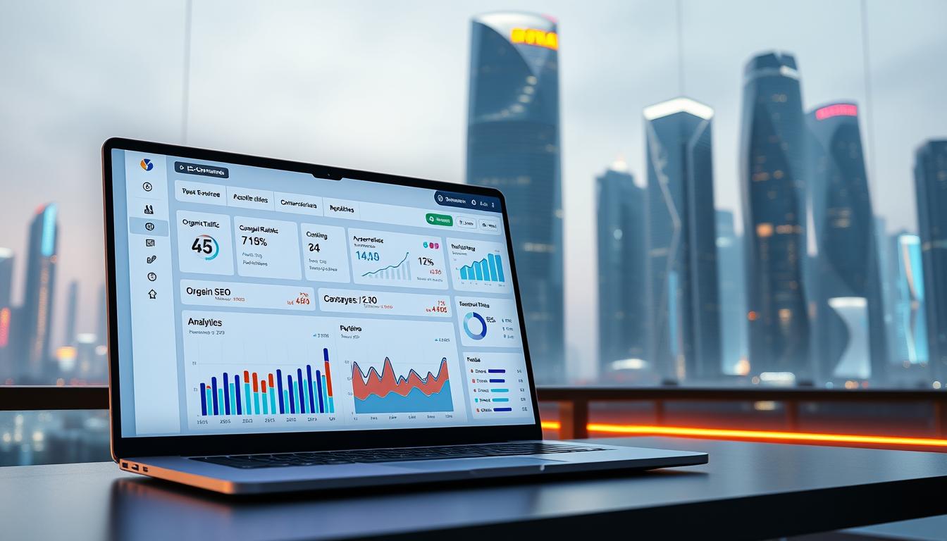 SEO analytics dashboard on laptop in modern city office with traffic and conversion reports