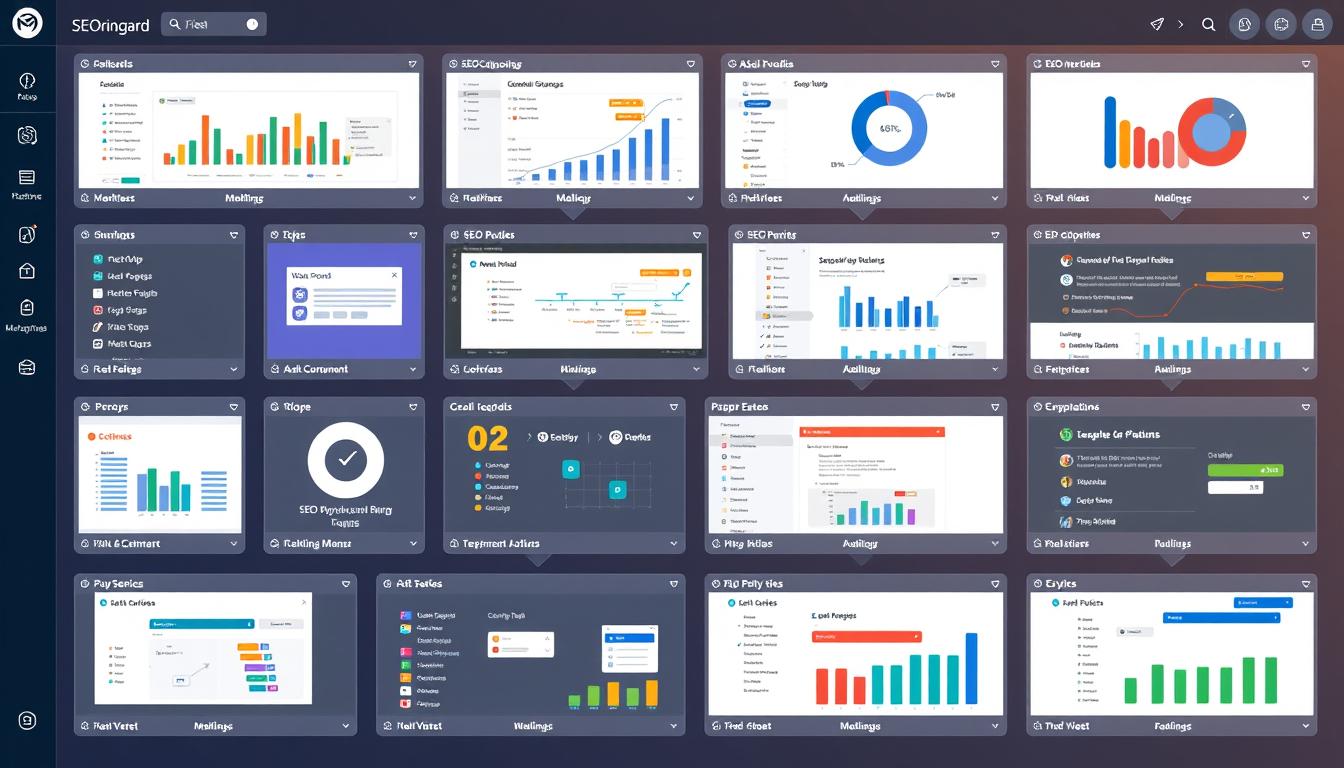 SEO analytics dashboard with multiple graphs, performance tracking, and keyword insights