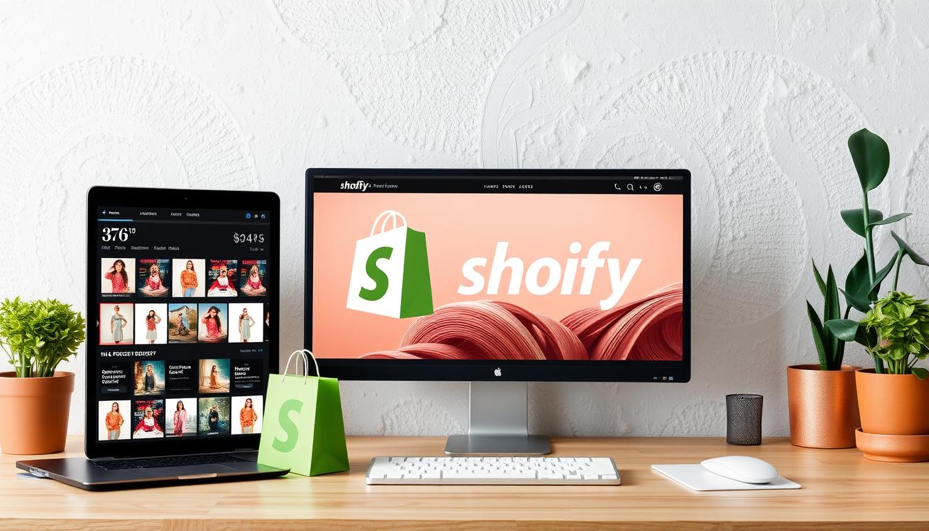 Shopify e-commerce platform dashboard on laptop and desktop with product catalog and shopping bag