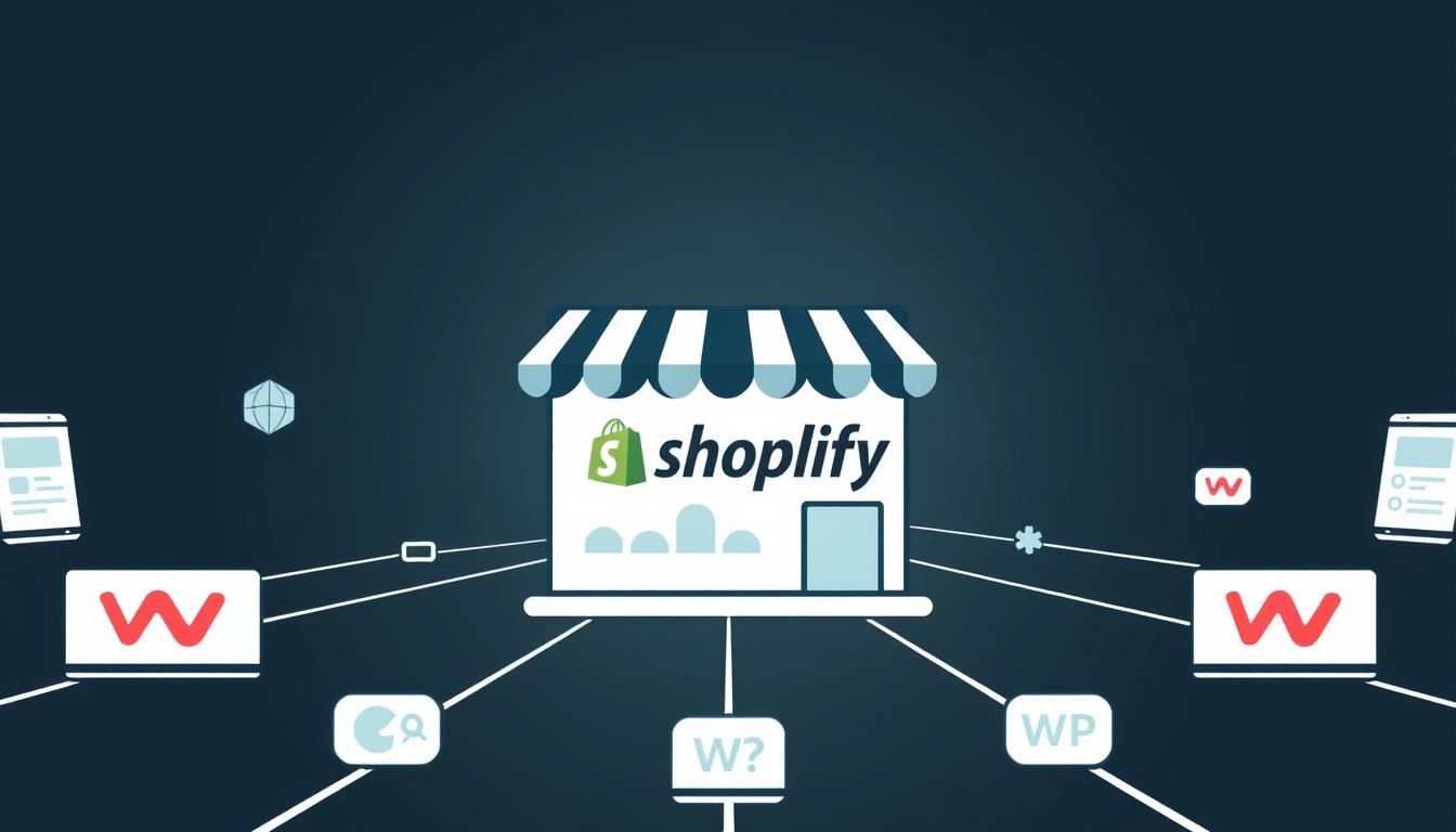 Shopify online store integration illustration with connected platforms and web apps