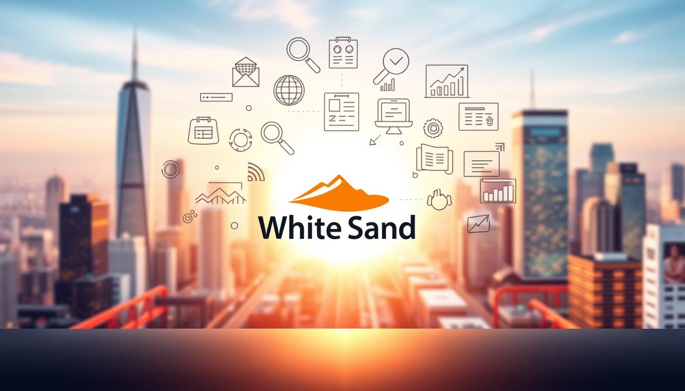 White Sand digital marketing SEO branding with city skyline and analytics icons