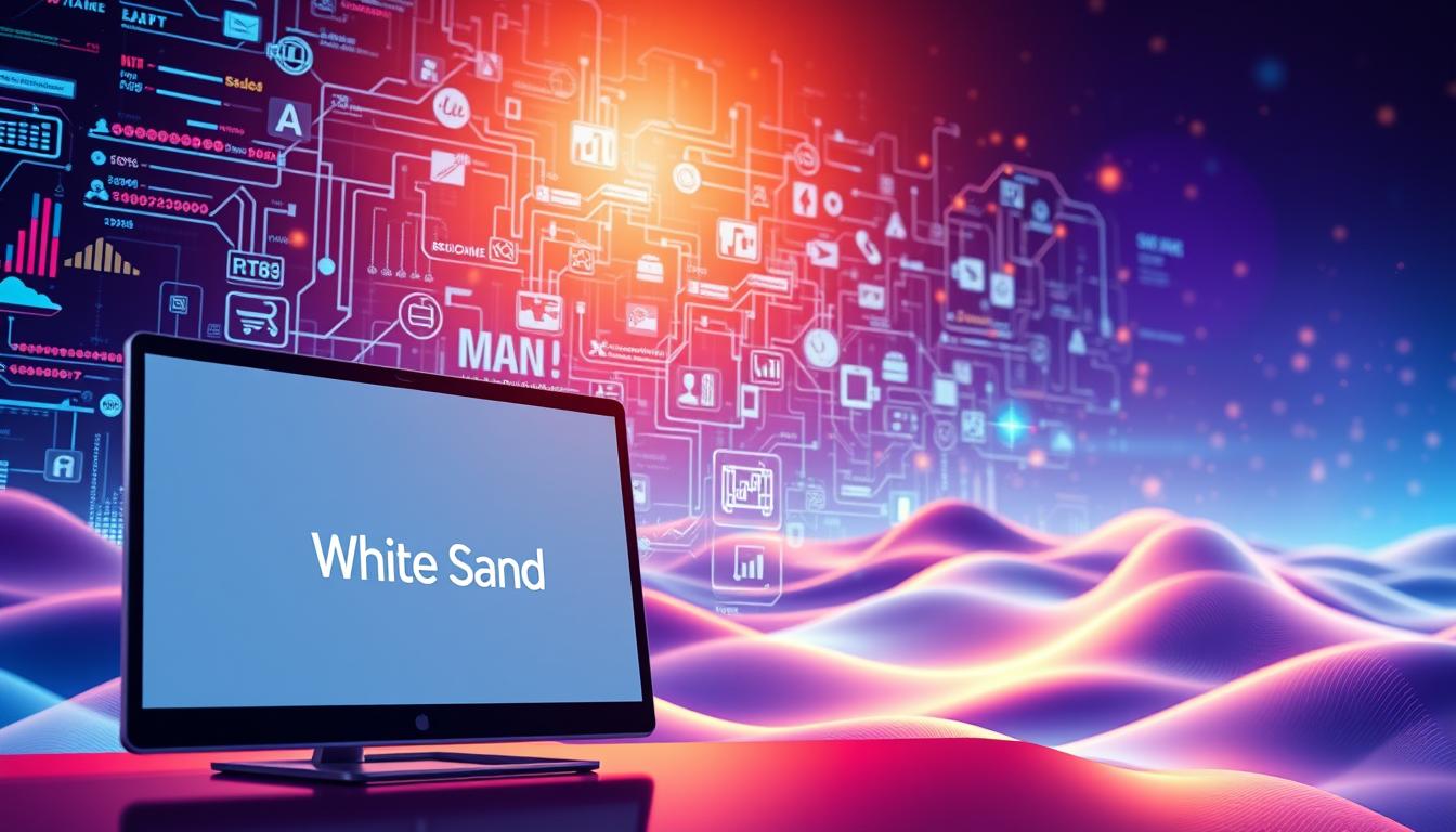 White Sand digital SEO visualization with computer screen and futuristic analytics graphics