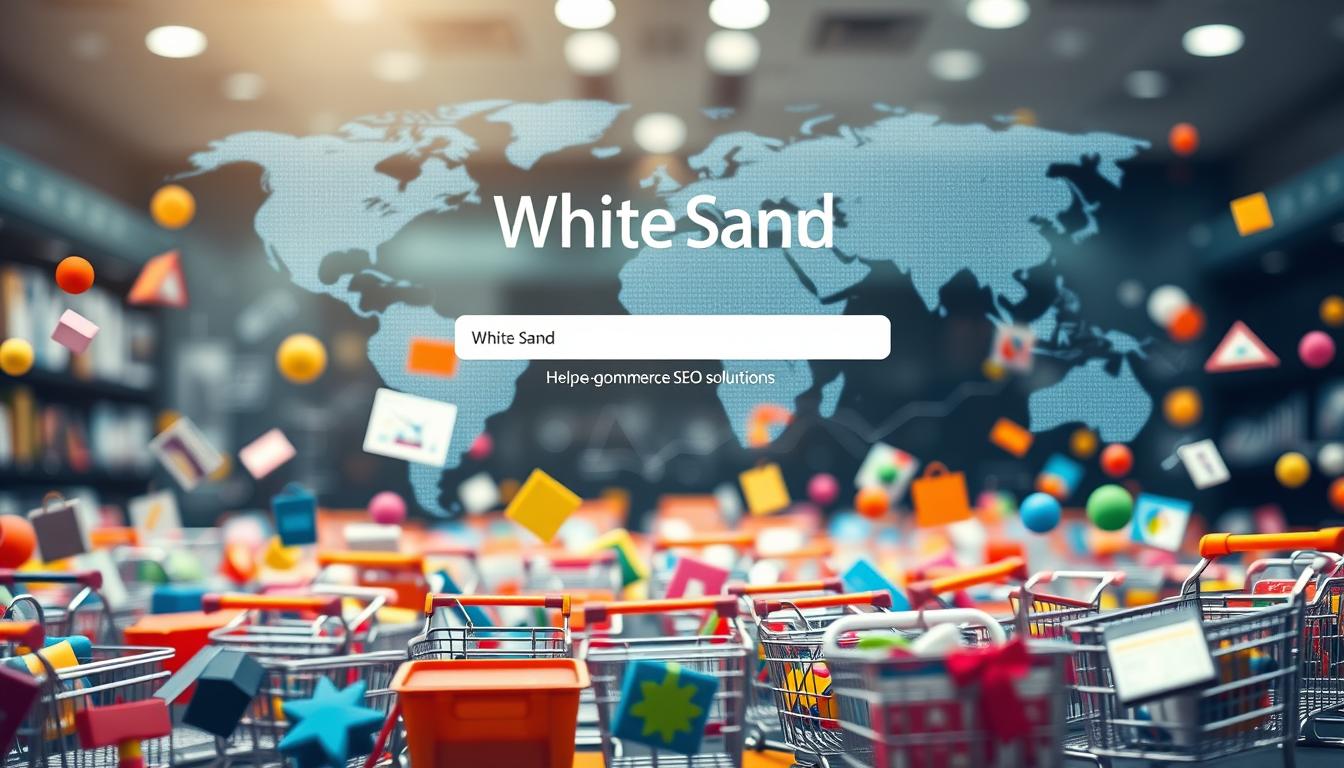 White Sand global e-commerce SEO concept with world map, shopping carts, and digital marketing icons