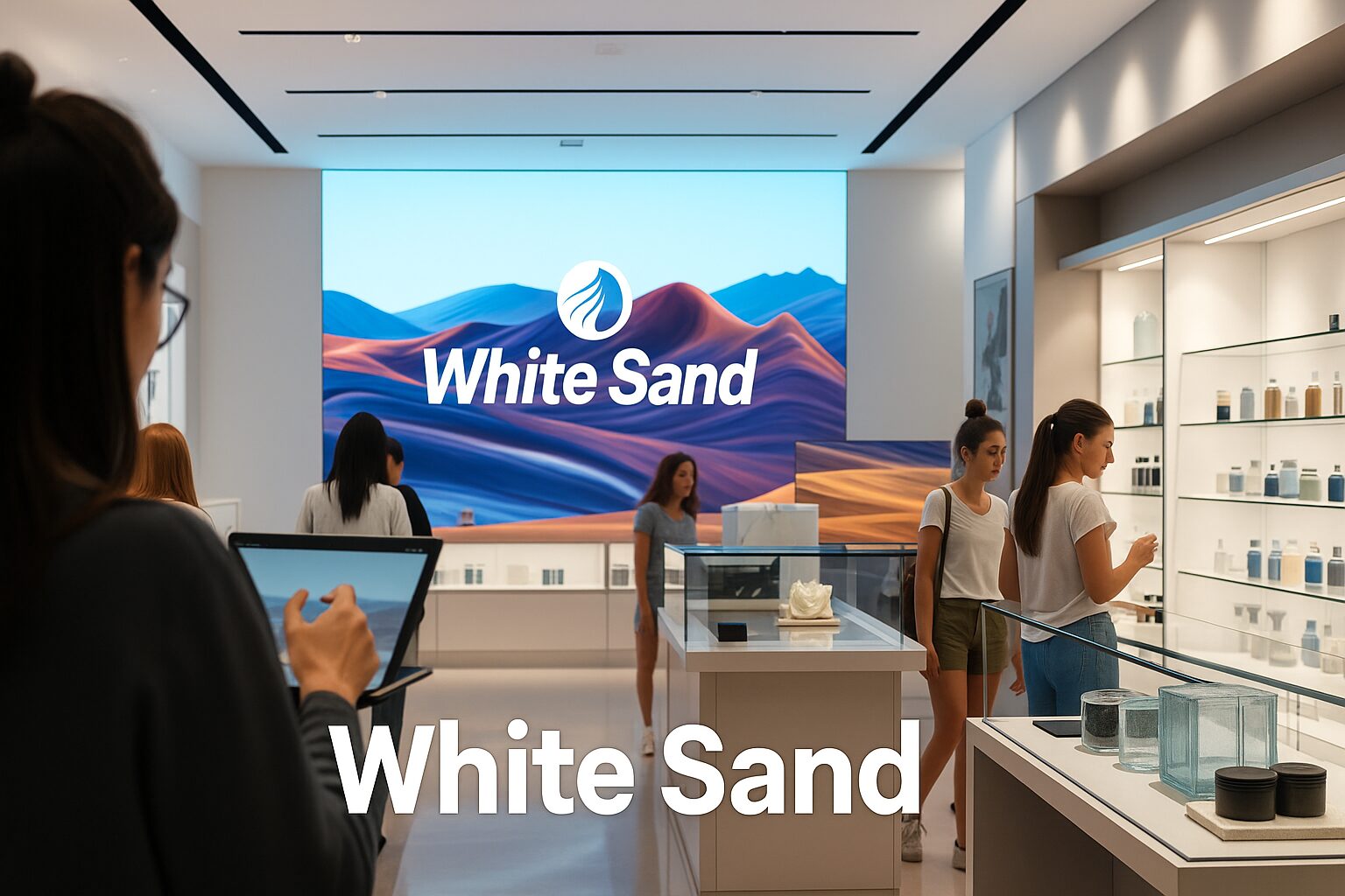 White Sand modern retail store interior with digital branding screen, customers browsing products, and minimalist design.