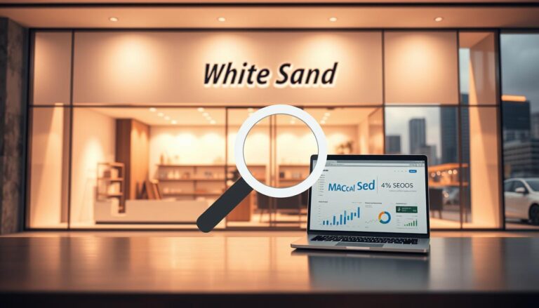 White Sand agency office with laptop showing SEO analytics and digital marketing graphs
