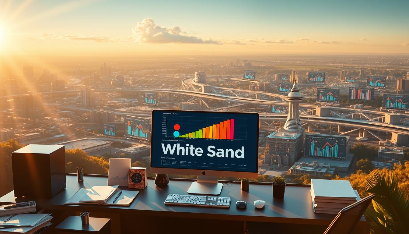 White Sand SEO growth visualization with digital analytics dashboard overlooking city skyline