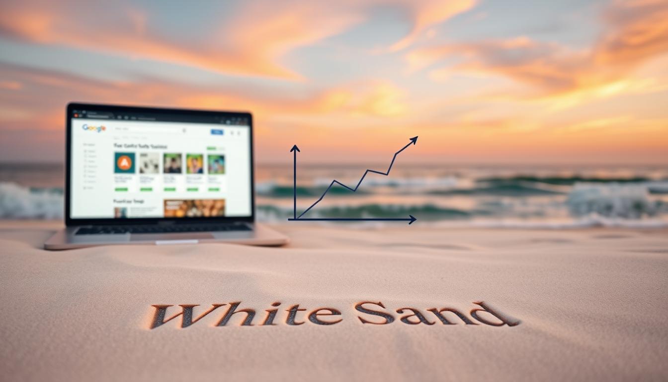 White Sand logo on beach with laptop showing Google SEO analytics and upward growth chart