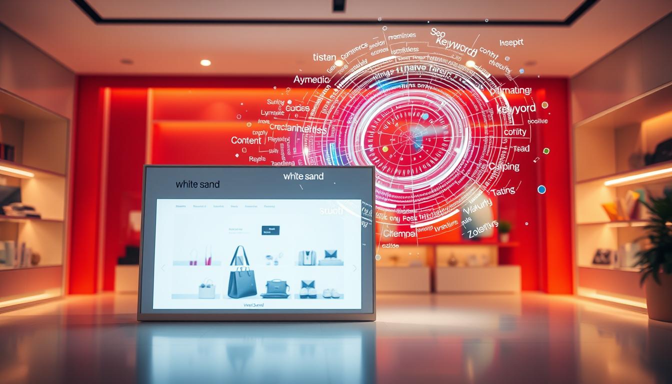 White Sand digital keyword visualization with ecommerce SEO data and futuristic interface