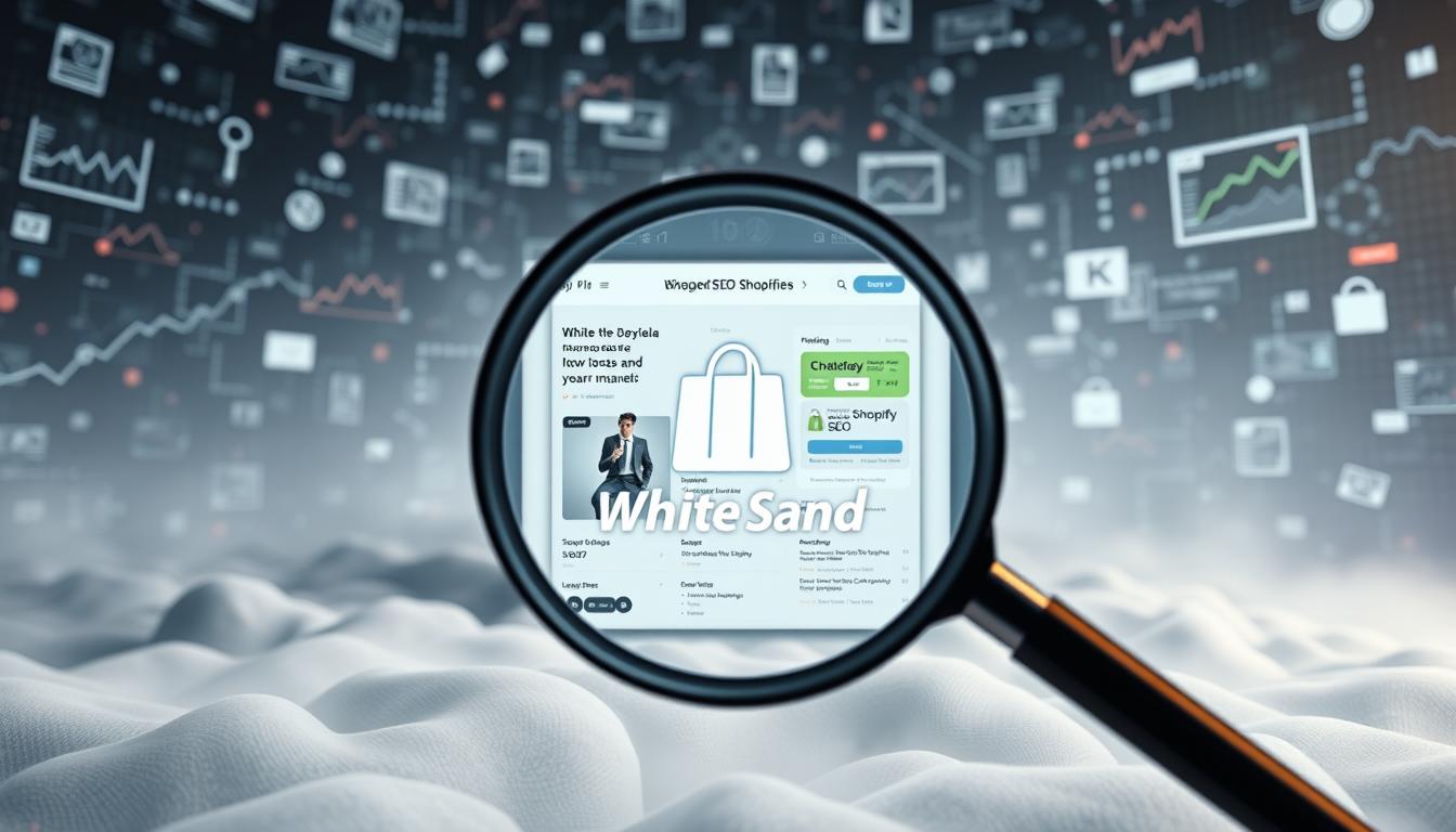 Magnifying glass on White Sand SEO Shopify platform with e-commerce analytics background