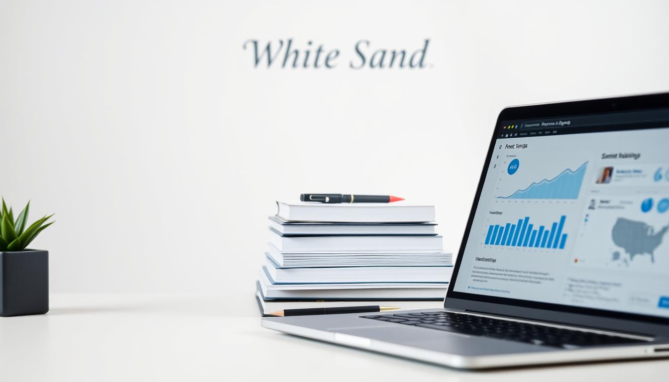 Minimalist workspace with laptop showing SEO analytics and White Sand branding on wall
