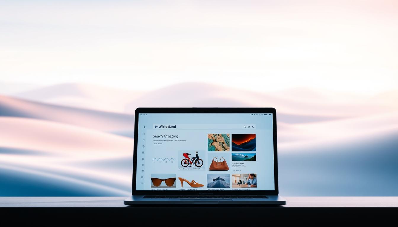 White Sand Shopify storefront with product listings and SEO-friendly design on laptop screen