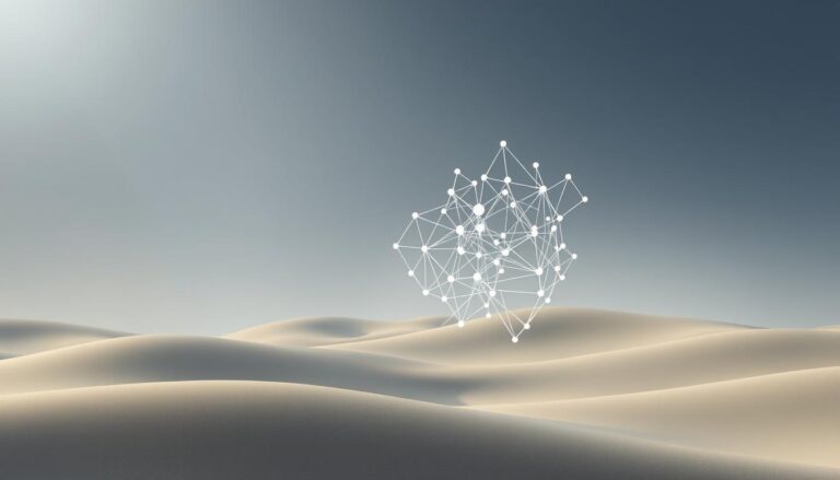 Artificial intelligence digital network floating above minimal desert sand dunes
