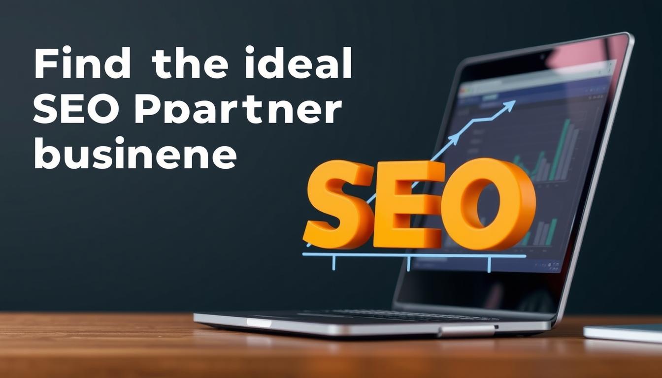 Laptop with SEO text and upward growth arrow promoting ideal SEO partner for business