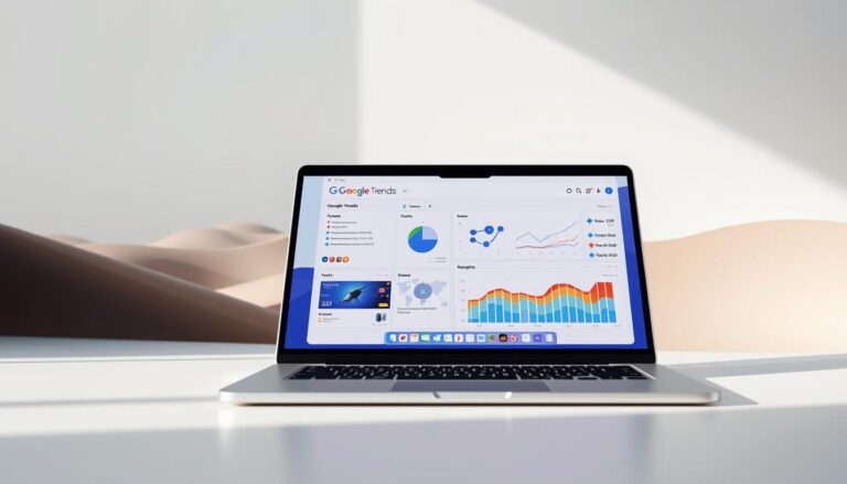 Laptop displaying Google Trends dashboard with charts and graphs for SEO keyword analysis