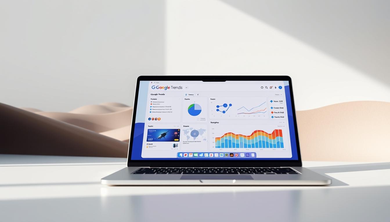 Laptop displaying Google Trends dashboard with charts and graphs for SEO keyword analysis