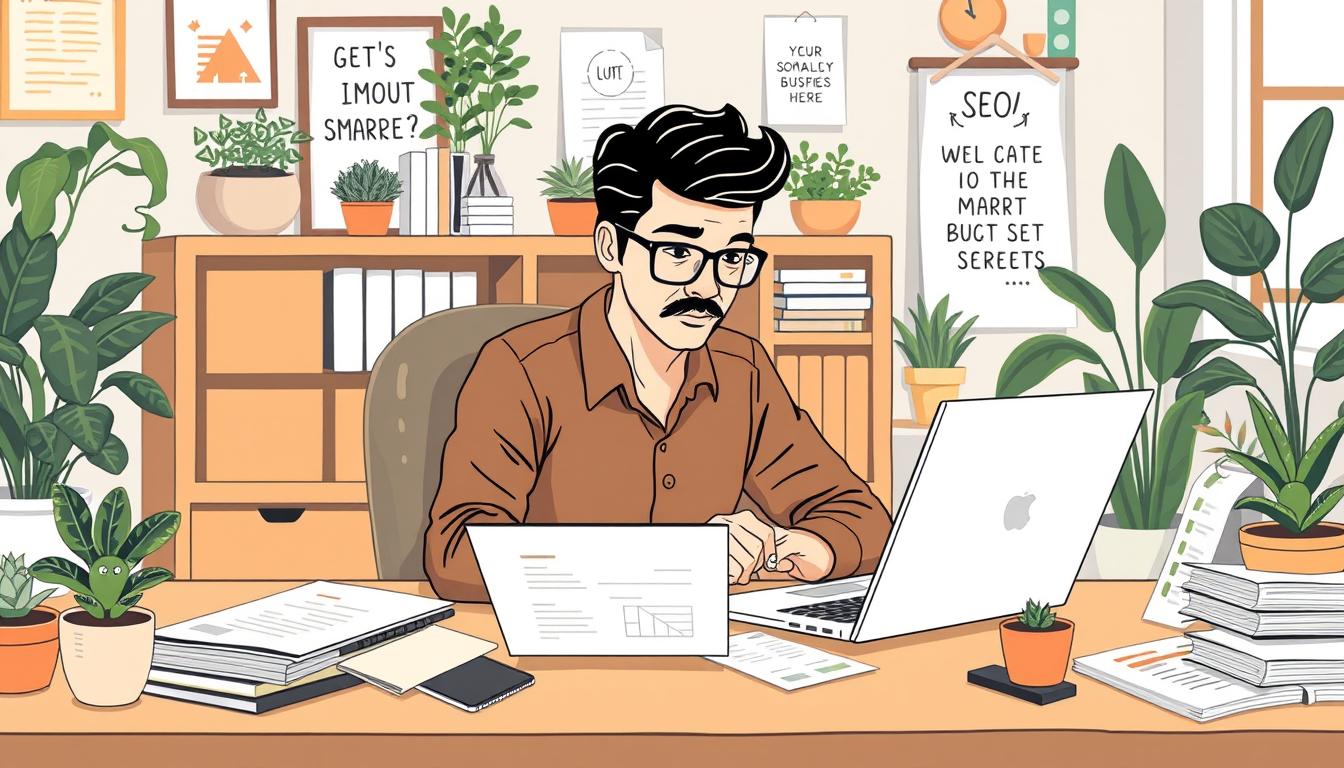 SEO consultant working on laptop surrounded by reports and plants in office