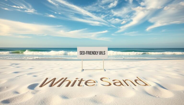 SEO-friendly URLs concept displayed on beach sand with White Sand branding