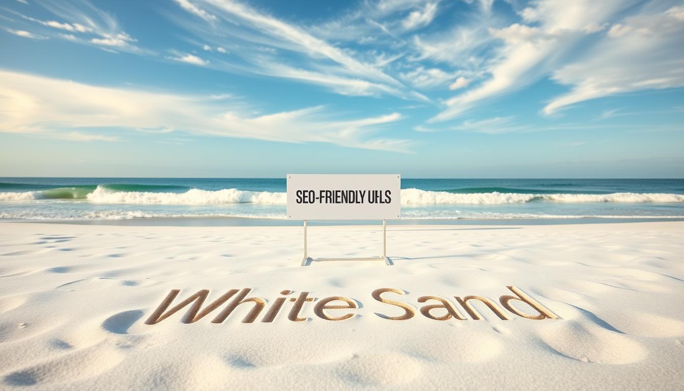 SEO-friendly URLs concept displayed on beach sand with White Sand branding