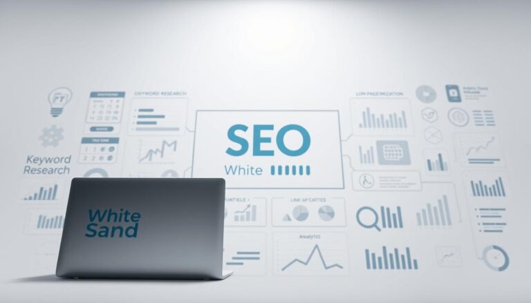SEO keyword research and analytics dashboard visuals with charts, graphs, and White Sand branding