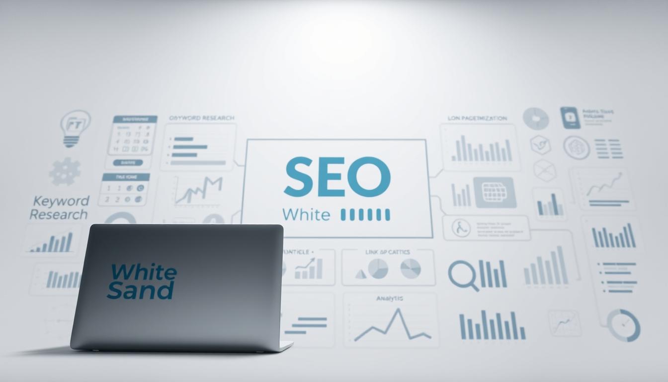 SEO keyword research and analytics dashboard visuals with charts, graphs, and White Sand branding