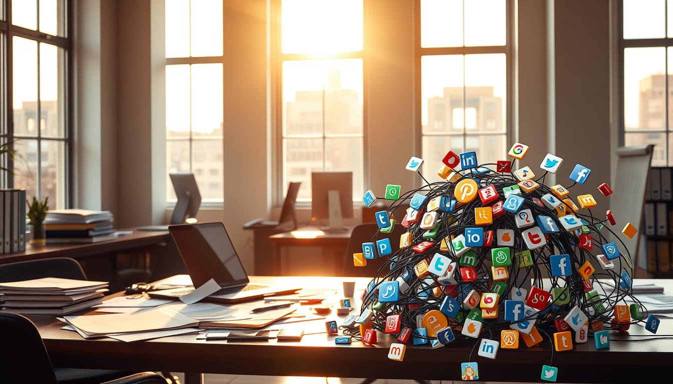 Tangled social media logos representing digital marketing strategy challenges