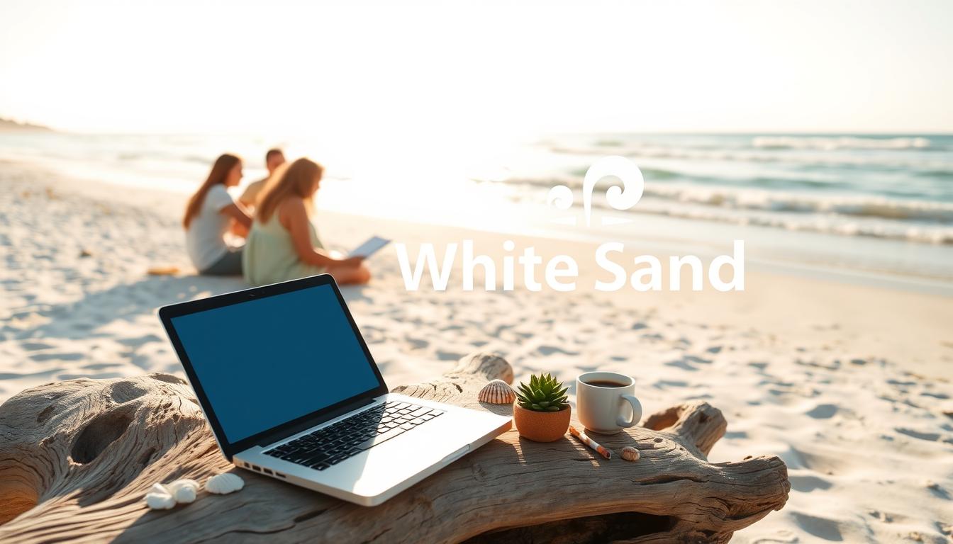 Laptop and coffee cup on beach log with White Sand digital workspace concept