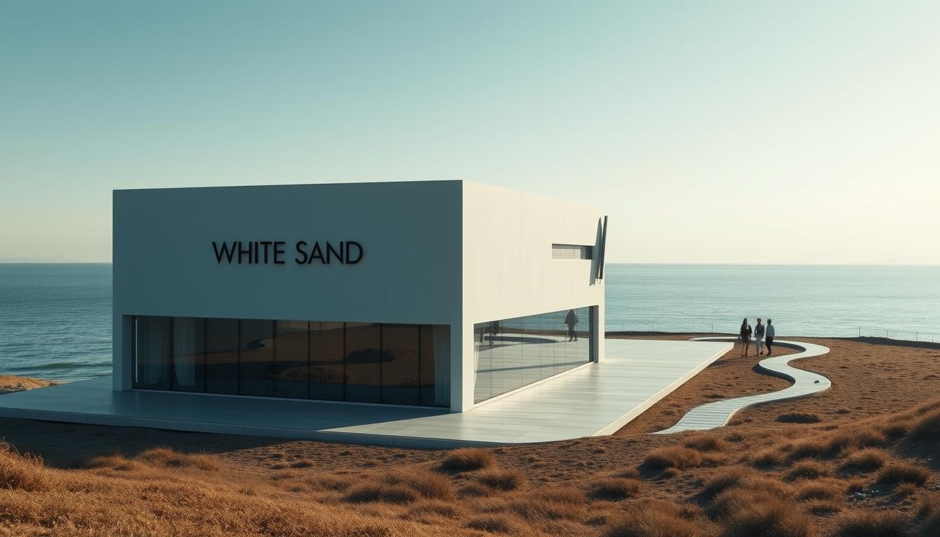 White Sand modern office building located by the sea with minimal architecture and people walking on the pathway.