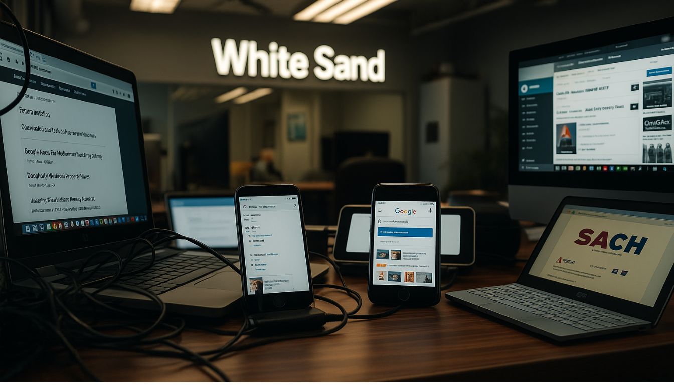 White Sand illuminated sign with multiple devices on desk showing SEO dashboards