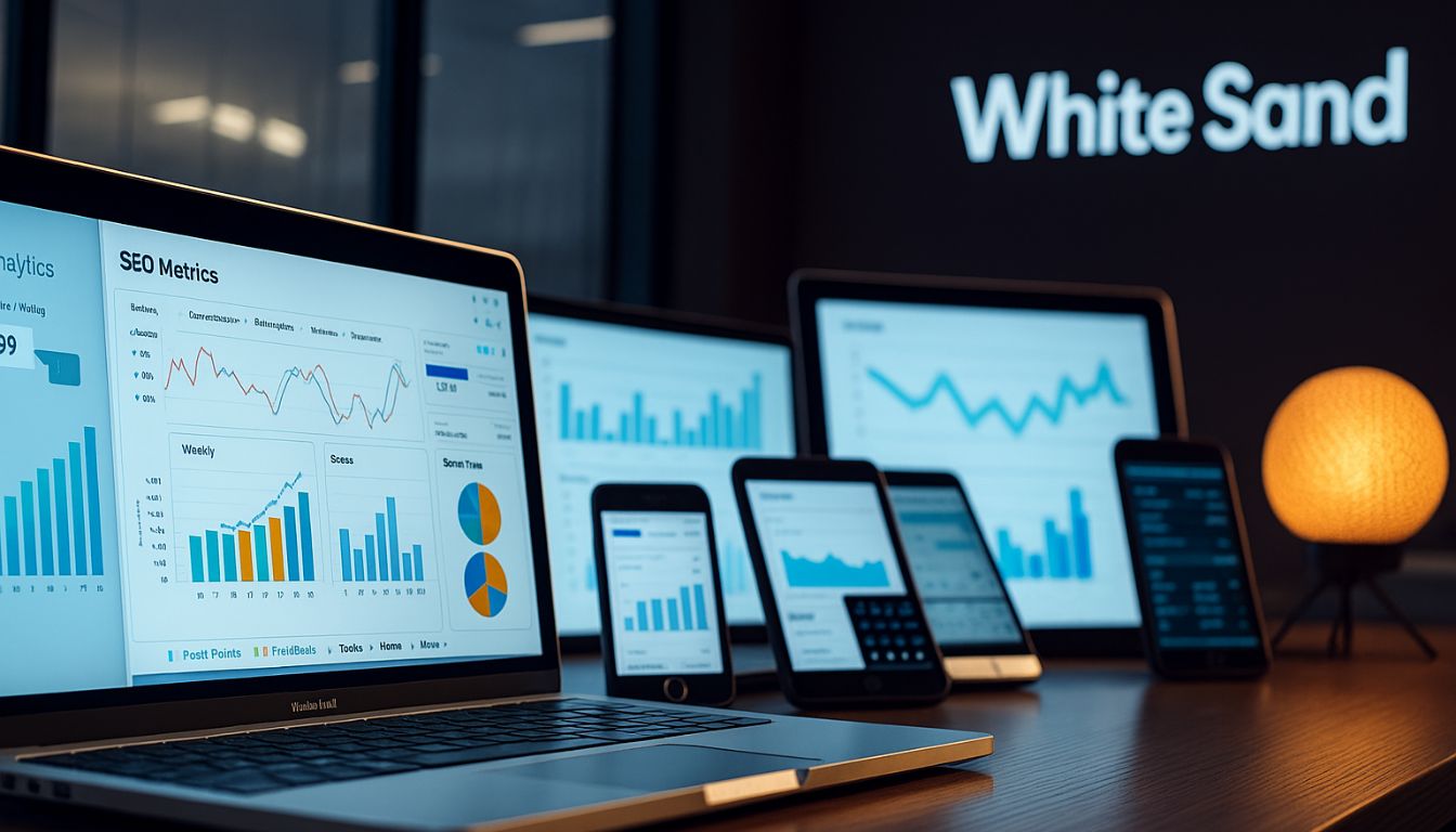 White Sand digital marketing workspace with laptops and smartphones showing SEO analytics dashboards