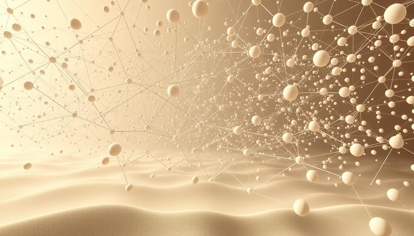 3D abstract digital network spheres connected by lines above smooth golden sand dunes background.