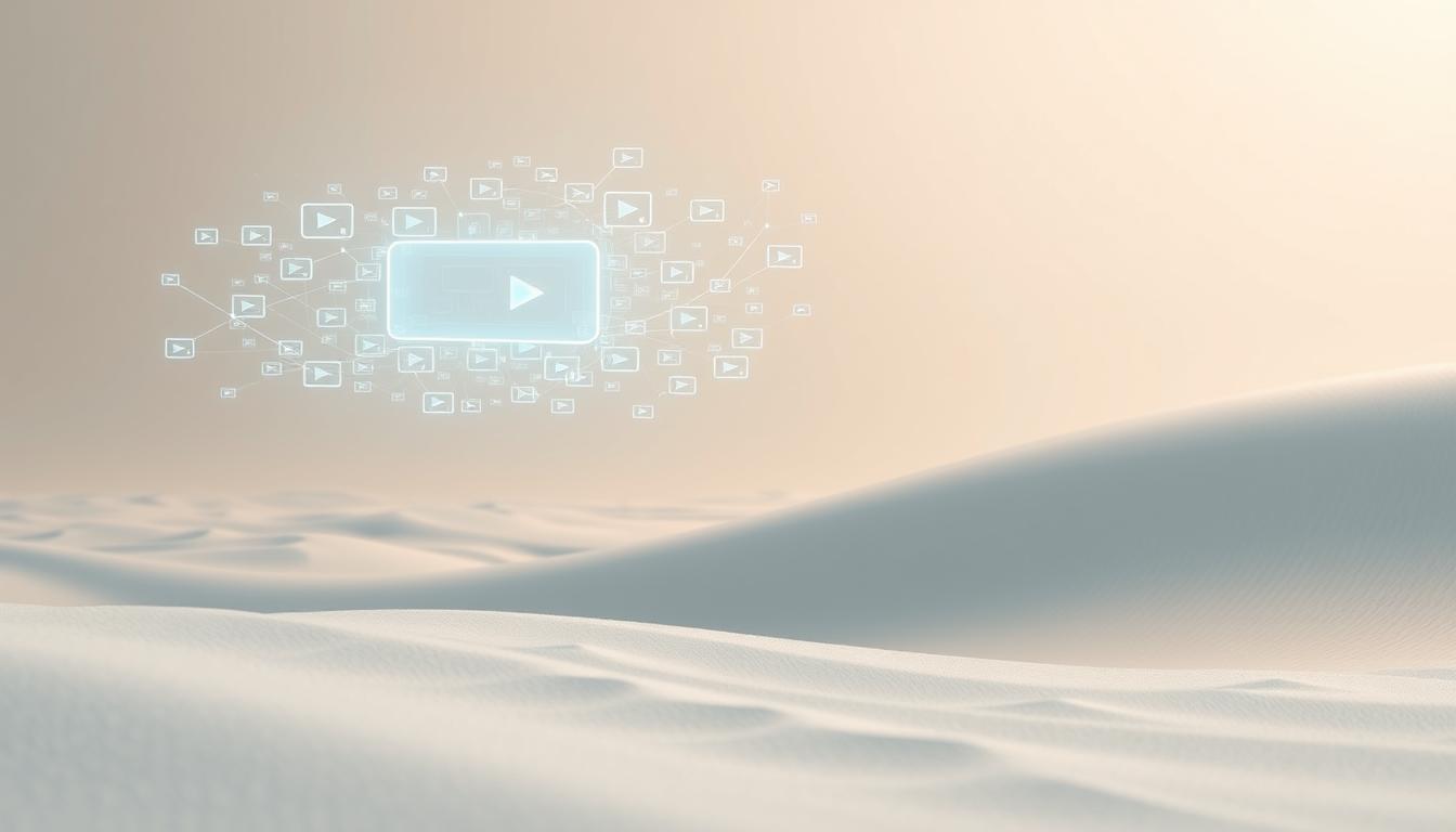 AI-generated video network visualization with play icons floating above digital sand landscape