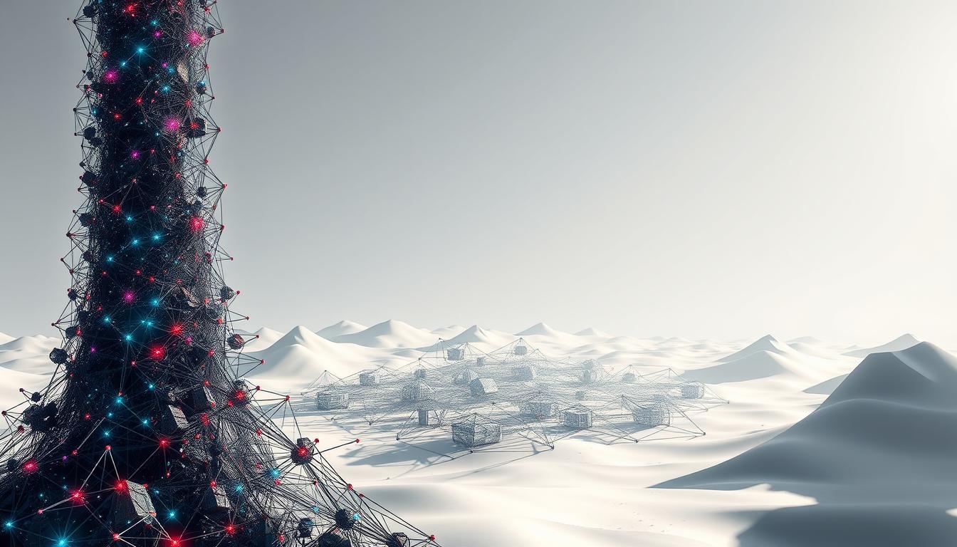 Futuristic AI data tower with glowing network nodes in a digital desert landscape