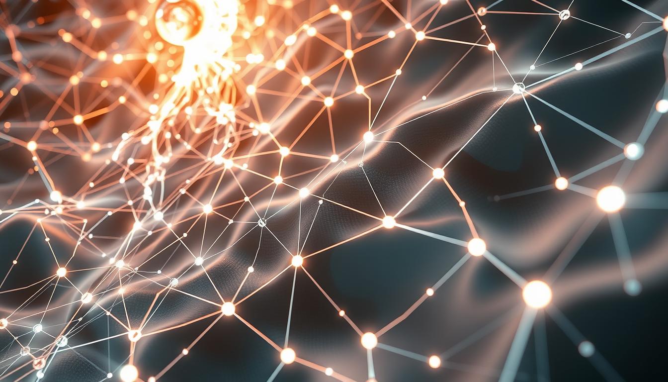 Abstract AI network visualization with glowing connected nodes and data flow.