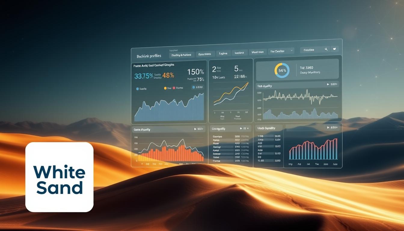 Backlink profile analysis dashboard with charts showing SEO authority and performance
