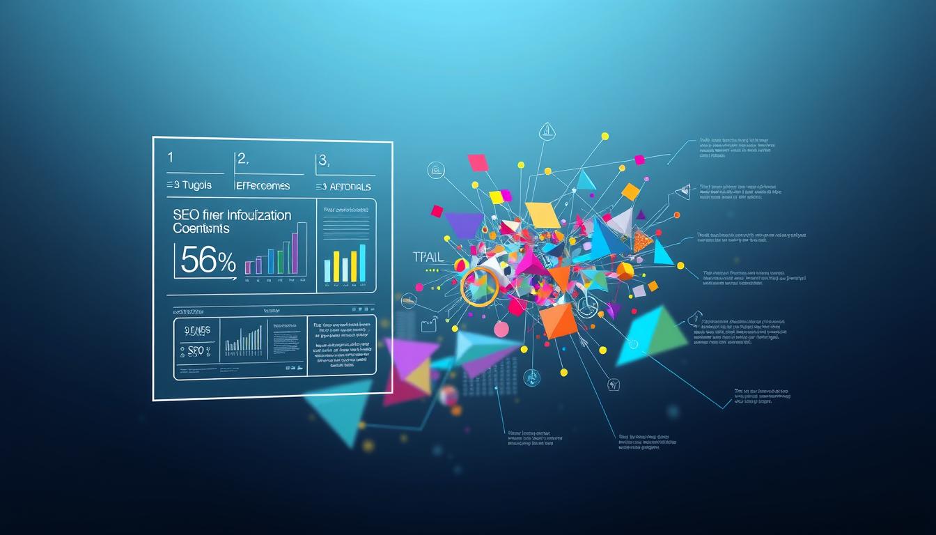 Creative infographic with colorful data visualizations showing SEO insights and content performance