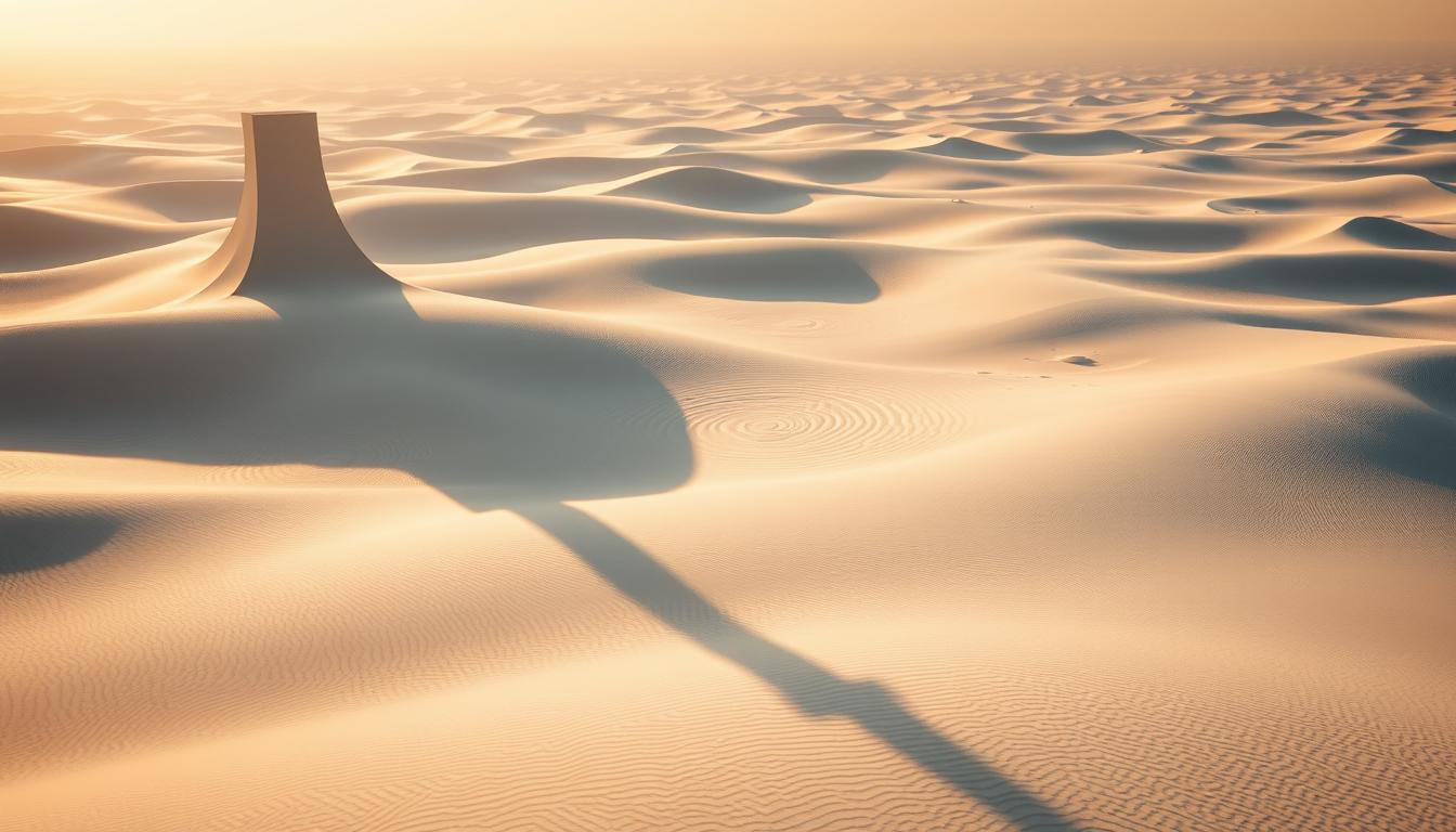 Minimalist desert dunes landscape with long architectural tower shadow at sunrise, symbolizing innovation.

